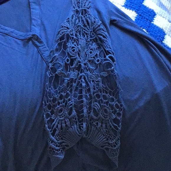 a.moon XL Blue Button Up Blouse with Lace Sleeves - Picture 5 of 7